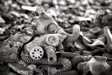 Old gas masks in abandoned building in Chernobyl Exclusion Zone, Ukraine