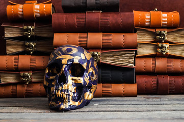 skull on the leather journal book background