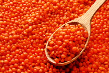 Orange lentils in a wooden spoon on a background of lentils