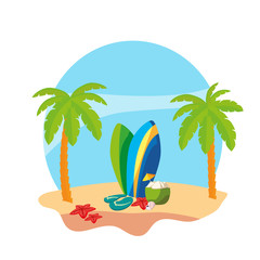 summer beach with palms and surfboards scene