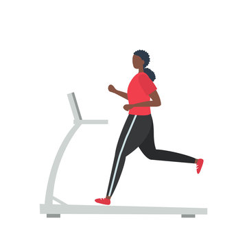 Young black woman in a sporty uniform is running on a treadmill. People icon. Funny flat style. Vector illustration.
