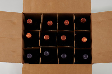 Wine bottles in open case