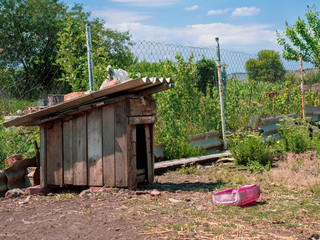 View of the ranch from the farmer. Dog wooden kennel made with their own hands in the country in the summer Sunny day.