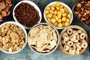 Cereal. Bowls of various cereals for breakfast. Muesli with kids cereals.
