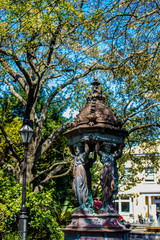 Fototapeta premium Beautiful Tree and Statue by the Center of Latrobe Park by French Market in New Orleans, Louisiana, USA