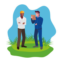 afro male builder with engineer on the lawn