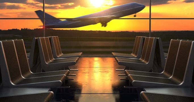 Passenger airplane departure as seen from airport through departure hall windows with scenic sunset on background.