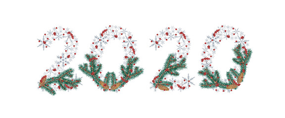 Christmas inscription 2020 with fir branches, snowflakes and rowan berries.