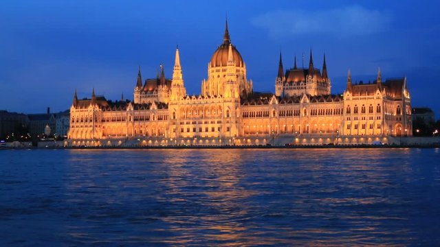Beautiful night view of the Hungarian Parliament Building in Budapest and the Danube River