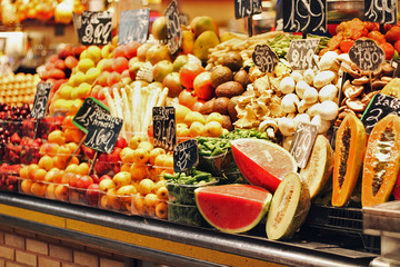 Healthy fruits on a market in Barcelona.