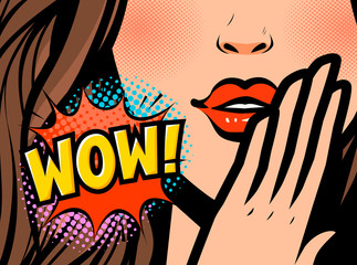 Pop art female face. Closeup of sexy young woman. WOW, vector illustration