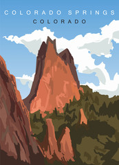 Colorado Springs modern vector poster. Colorado, landscape illustration. - obrazy, fototapety, plakaty