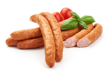 Smoked pork sausages, close-up, isolated on white background