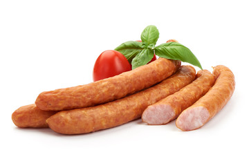 Polish Kabanosy dry sausages, close-up, isolated on white background