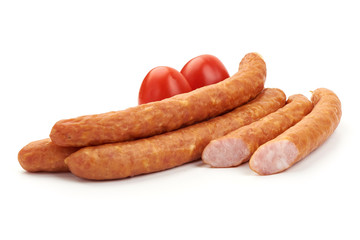 Smoked Hunting Sausages, dry meat, close-up, isolated on white background