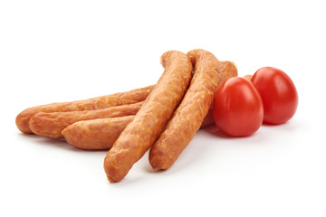 Smoked pork sausages, close-up, isolated on white background