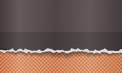 Piece of torn, ripped white grainy paper strip with soft shadow is on squared background. Vector template illustration