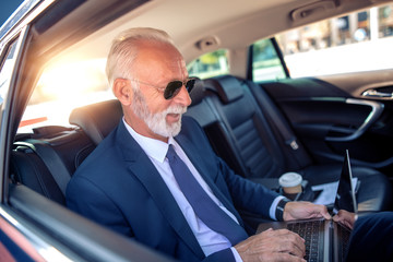 Businessman using laptop in the car