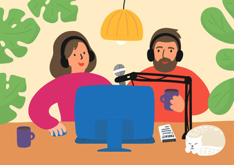 Podcasting. Woman and man recording, editing, or broadcasting podcast, online training, or online radio.
