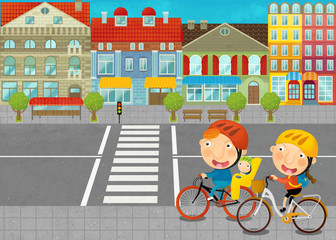 Obraz na płótnie Canvas cartoon scene with young people on the road in the city illustration for children