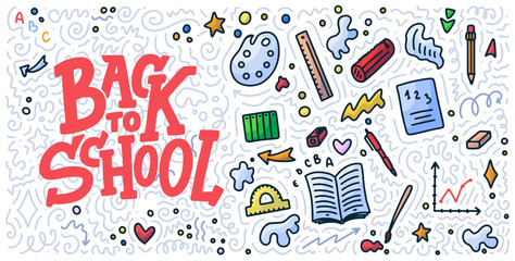 Welcome back to school lettering quote and doodle background. Template for sale tag. Hand drawn badge. Education concept. Typography emblem. Vector