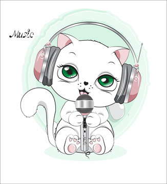white kitten with earphones and microphone