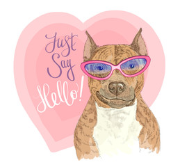 Hand grawn smiling dog in pink glasses and lettering inspiration Jast say hello. Print for t-shirts, posters, bags and covers