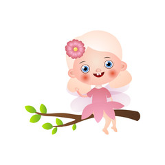 Cute blonde fairy girl in pink dress stay on tree branch