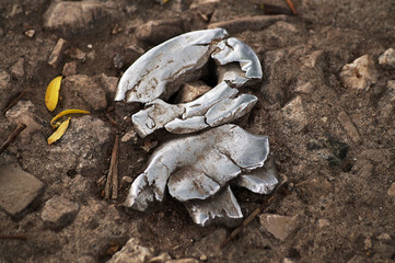 On the ground with stones lies an abstract figure of iron similar to a girl, next to it are leaves of a tree.