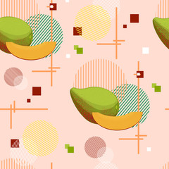 Mango fruit is whole and piece on an abstract background of circles, squares and geometric designs. Seamless pattern. For fabrics, gift paper. Vector