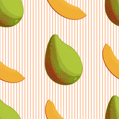whole mango and a piece of the striped background. Seamless pattern. For fabrics, gift paper. Vector