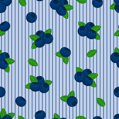 Blueberry berries with leaves on a striped background. Seamless pattern for fabrics, paper, prints. Vector