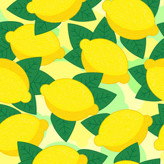 Lemon fruit with leaves on yellow background. Seamless pattern for fabrics, paper, prints. Vector