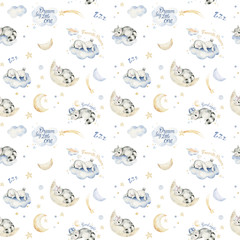Cute dreaming cartoon animal hand drawn watercolor seamless pattern. Sleeping charecher kids nursery wear fashion design, baby shower invitation