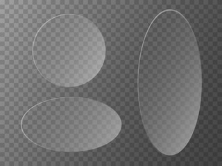 Set of glass plates circle shaped. Round mirror. Clear, transparency banners. Stock vector illustration.