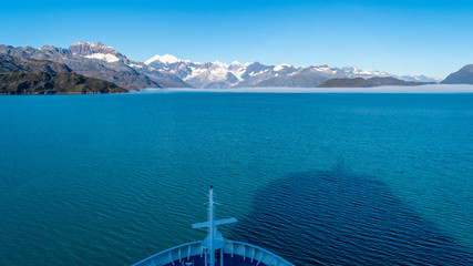 Cruise ship sailing in Glacier Bay National Park, Alaska. Breathtaking natural serene nature views....