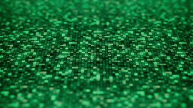 Flashing hexadecimal symbols on a green computer screen compose DATA word. Loopable 3D animation