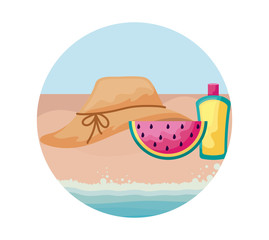 Fototapeta premium hat female with watermelon and bottle of blocker in beach