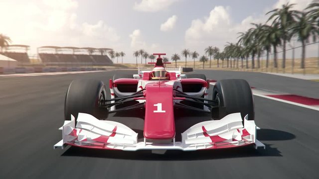 Generic formula one race car driving along the homestretch over the finish line -  front view camera - realistic high quality 3d animation - my own car design - no copyright/trademark infringement