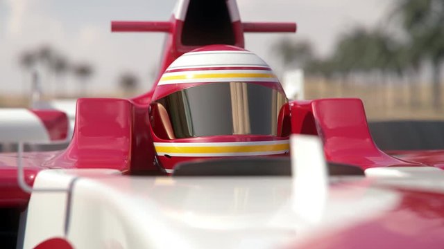 Close-up of a formula one race car driver driving along the homestretch over the finish line - realistic high quality 3d animation - my own car design - no copyright/trademark infringement