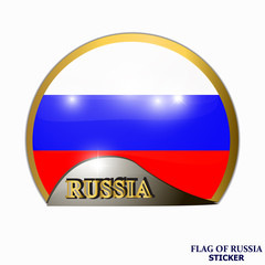 Made in Russia sticker. Bright background with flag of Russia. Button with flag. Illustration.