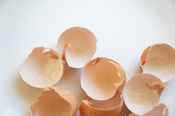Delicate Egg Shells on a White and Airy Background. Baking or cooking background. Walking on eggshells background. Broken and shattered background.