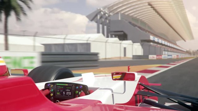 POV shot of a generic formula one race car driving along the homestretch over the finish line - over shoulder - realistic high quality 3d animation - my own car design