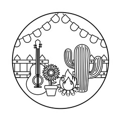 cactus plant with sunflower and icons in frame circular