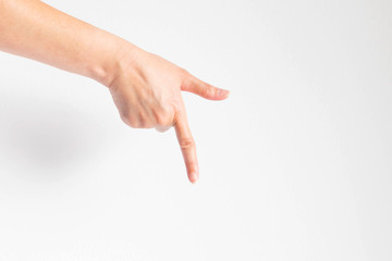 Hand pointing down at bottom direction on white background.