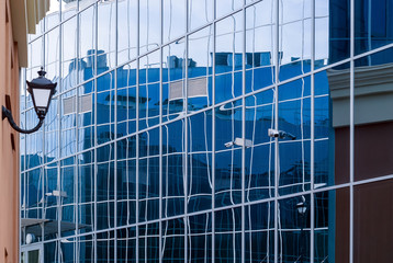 high-tech cityscape, fragment of glass and metal building facades
