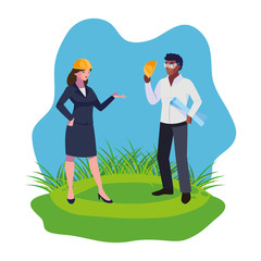 afro male builder with female engineer characters