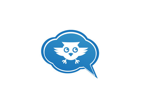 Owl open eyes and fly in a chat icon for logo design illustration