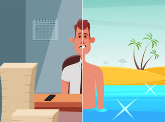 Separated Illustration: Office Worker Sitting in His Office and Swiming on the Beach. Cartoon Style