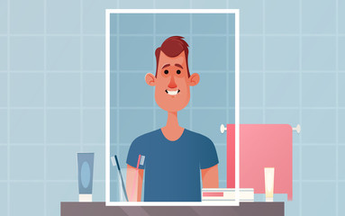 Cute Character Standing in Front of Mirror. Morning Concept. Cartoon Style. Vector Illustration